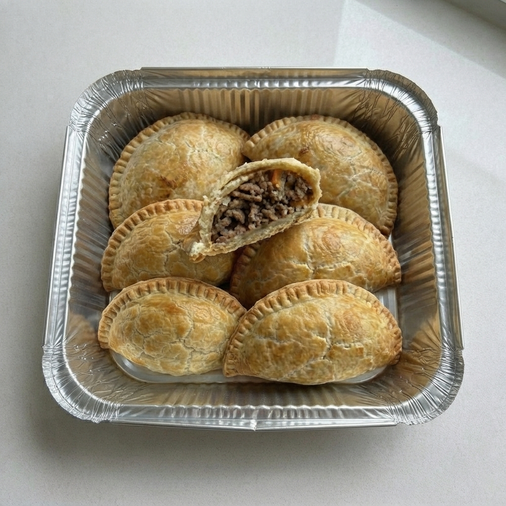 Six freshly baked Nigerian pies in a foil tray for Gwinnett County pickup